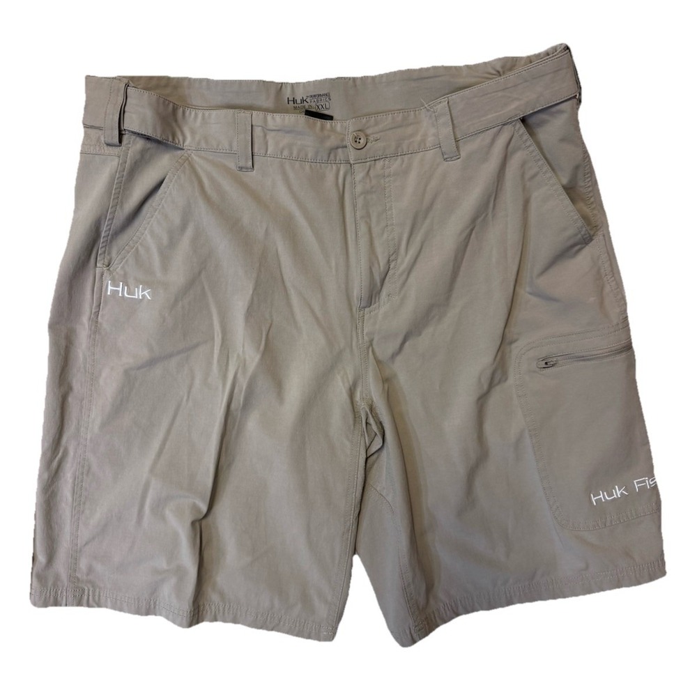 Huk Fishing Cargo Mens Size XXL Zip Fly Khaki Performance Shorts 7" Inseam Khaki
